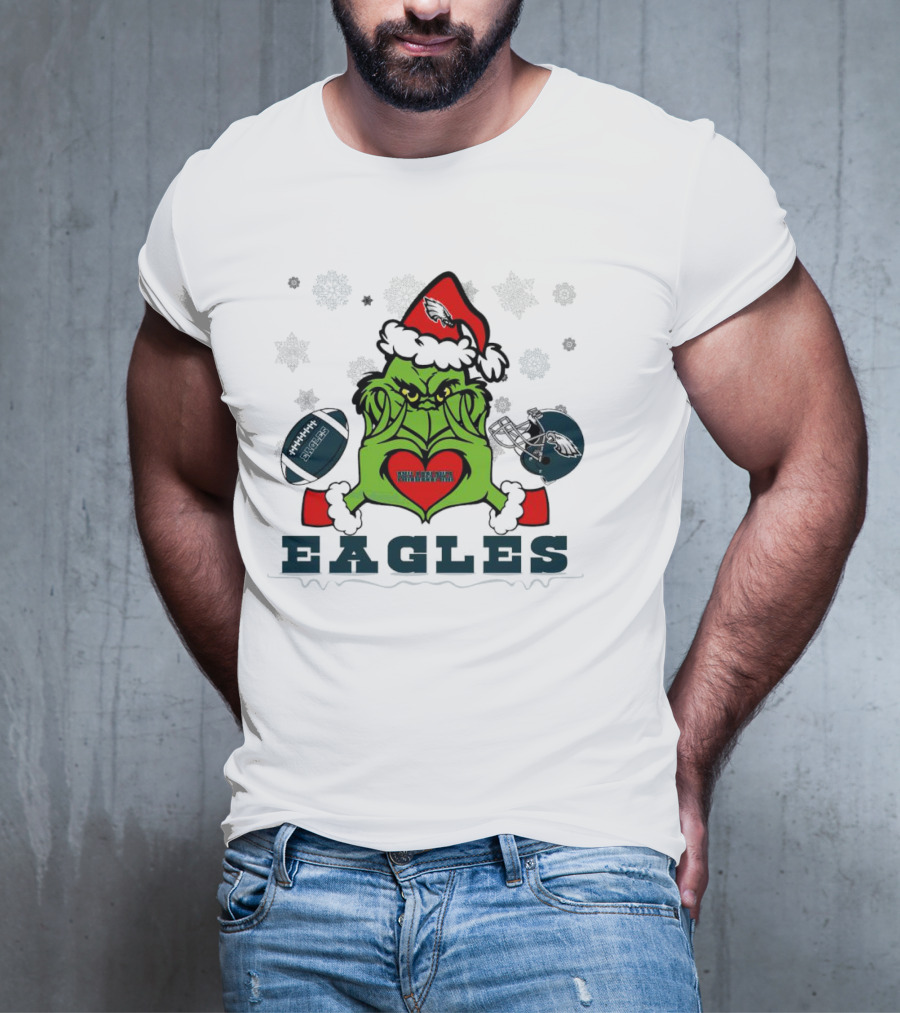Grinch Santa Heart Philadelphia Eagles Christmas Football Helmet T-Shirt
