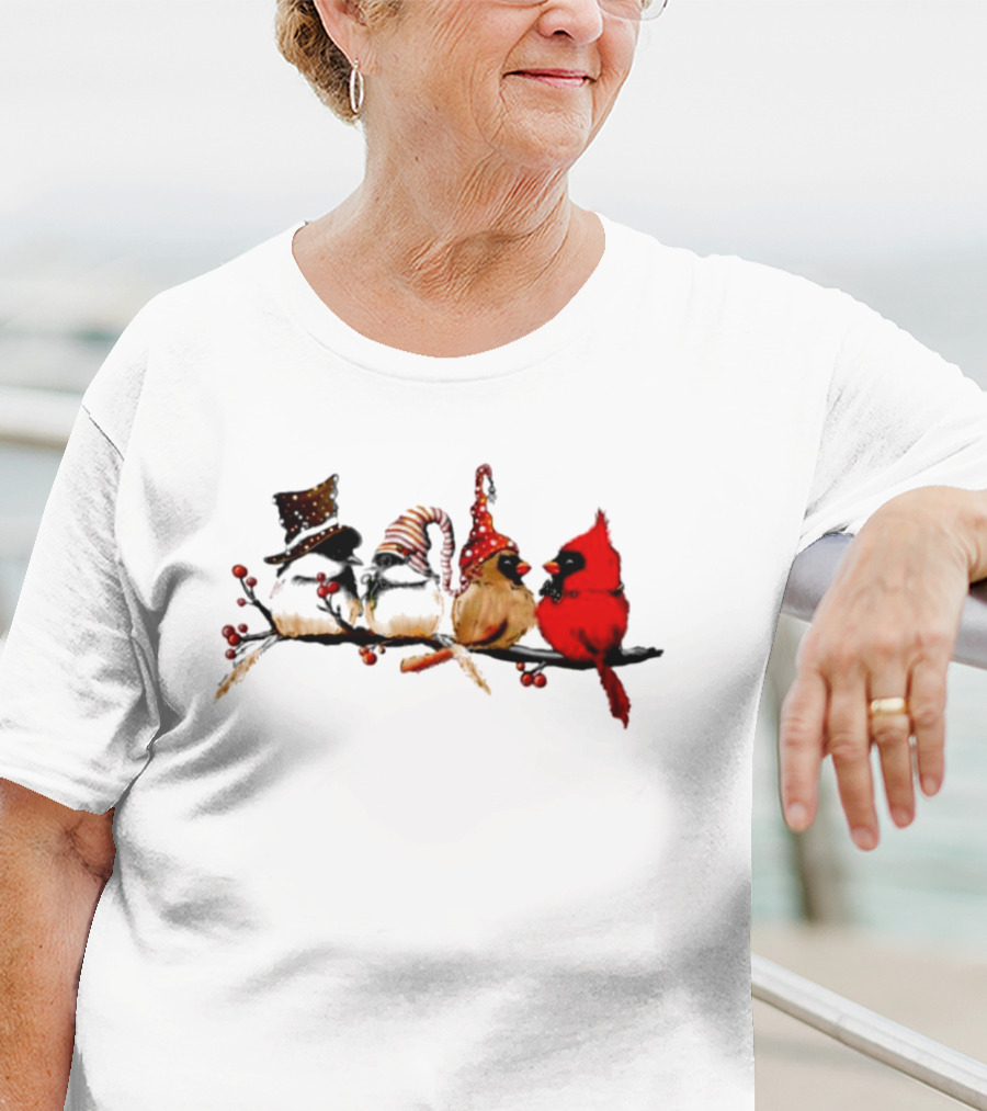 Cardinals And Chickadees On Festive Branch Merry Christmas T-Shirt