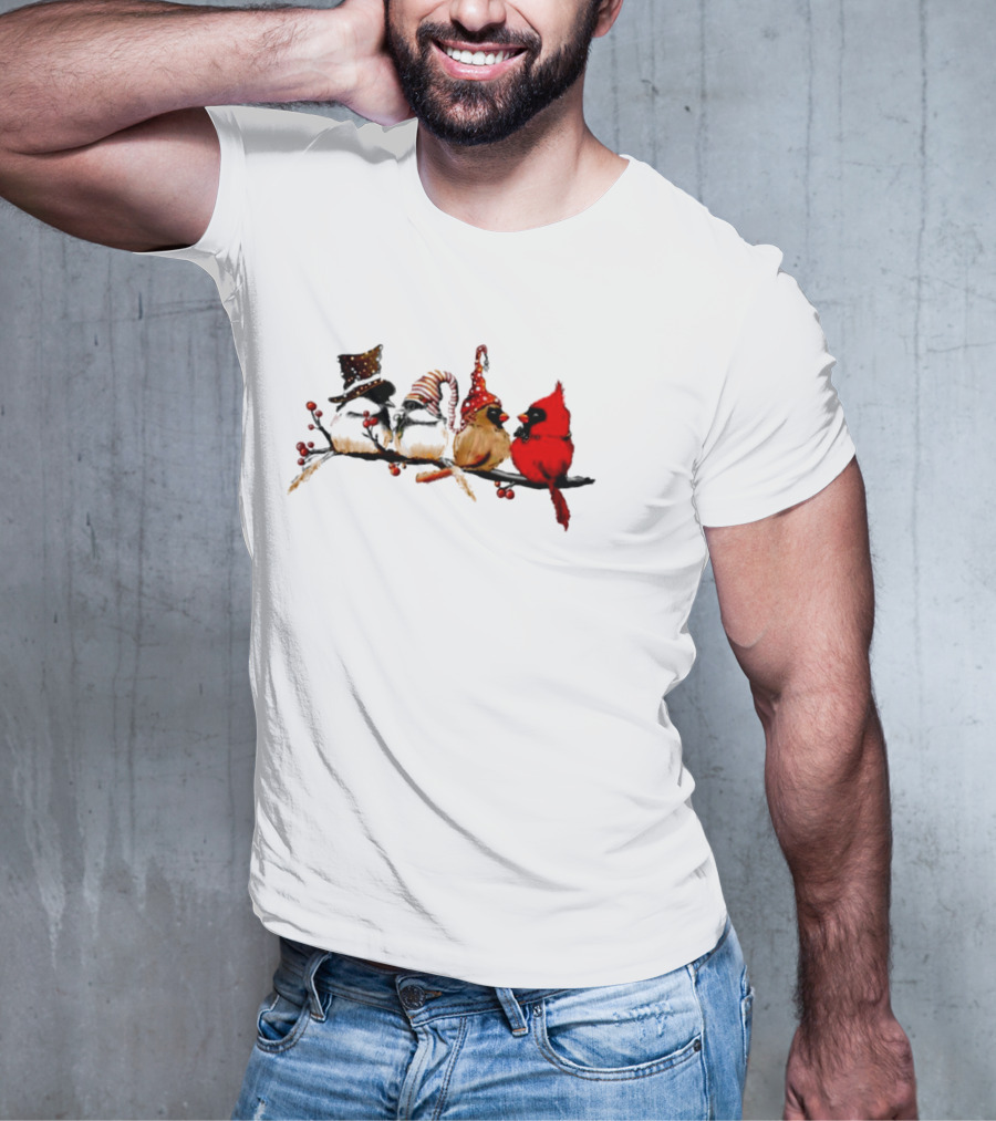 Cardinals And Chickadees On Festive Branch Merry Christmas T-Shirt
