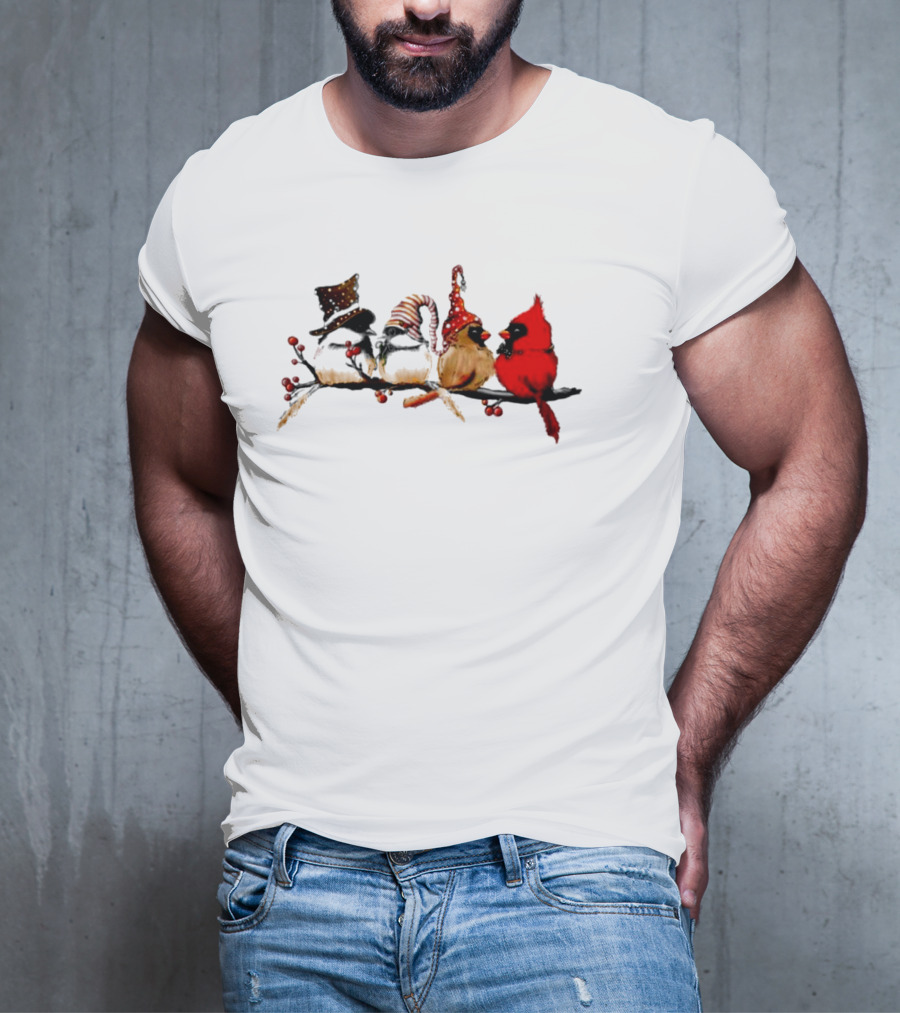 Cardinals And Chickadees On Festive Branch Merry Christmas T-Shirt