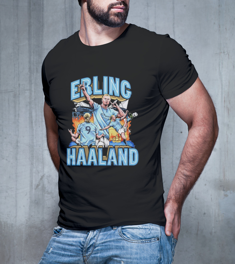 Erling Haaland MCFC Soccer Collage With Fiery Stadium Background T-Shirt