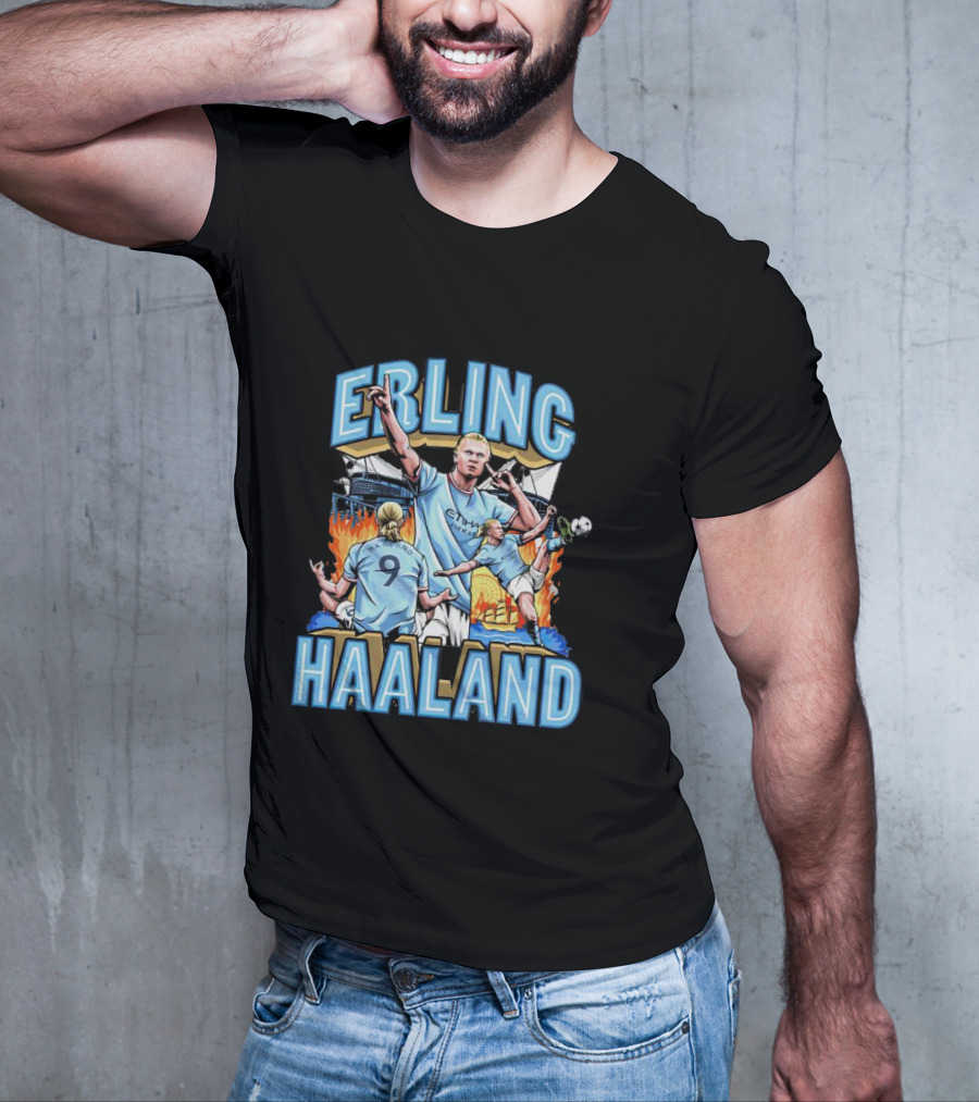 Erling Haaland MCFC Soccer Collage With Fiery Stadium Background T-Shirt