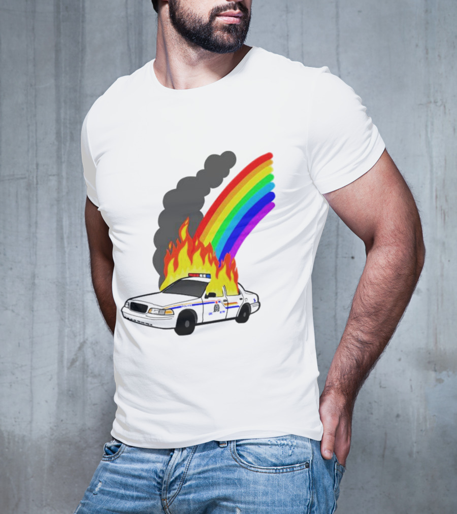 Police Car On Fire With Rainbow Flames T-Shirt