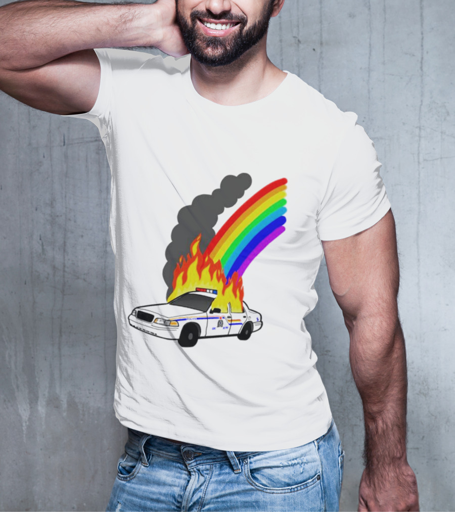 Police Car On Fire With Rainbow Flames T-Shirt