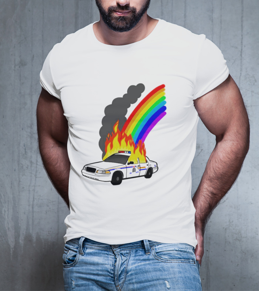Police Car On Fire With Rainbow Flames T-Shirt