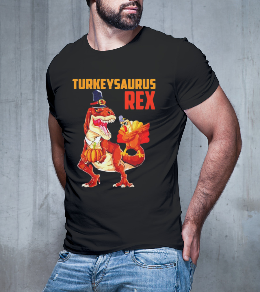 Turkeysaurus Rex Thanksgiving Dinosaur Holding Pumpkin And Turkey With Pilgrim Hat T-Shirt