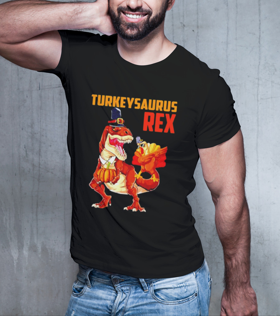 Turkeysaurus Rex Thanksgiving Dinosaur Holding Pumpkin And Turkey With Pilgrim Hat T-Shirt