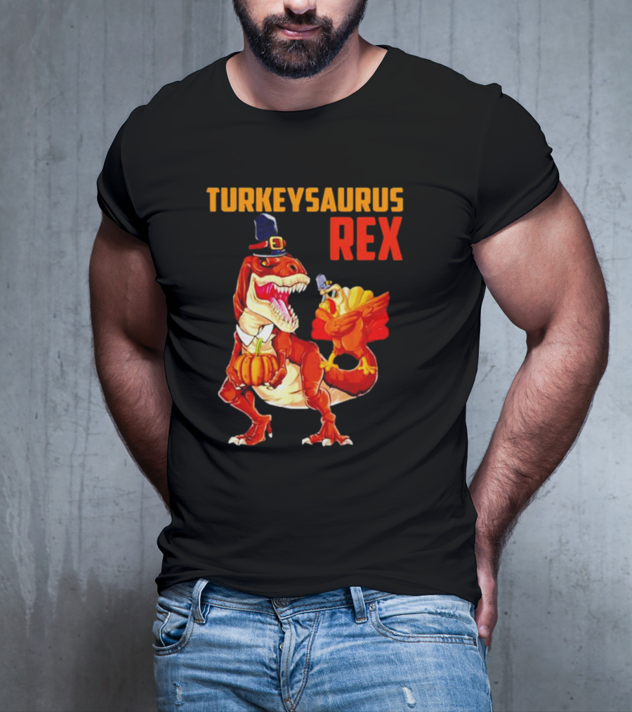 Turkeysaurus Rex Thanksgiving Dinosaur Holding Pumpkin And Turkey With Pilgrim Hat T-Shirt
