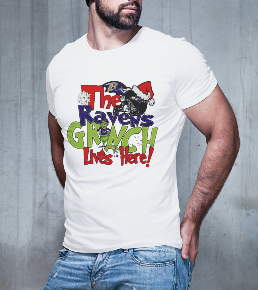 The Ravens Grinch Lives Here Christmas Ravens Logo Santa Hat T-Shirt