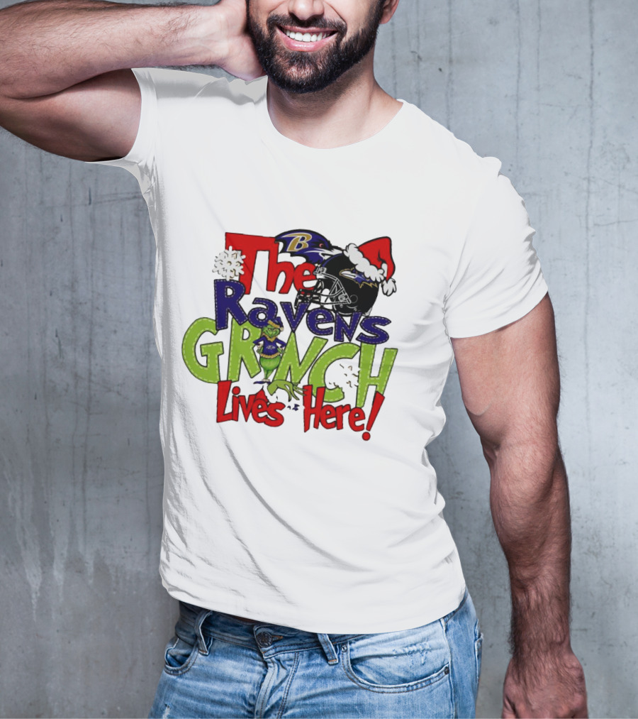 The Ravens Grinch Lives Here Christmas Ravens Logo Santa Hat T-Shirt