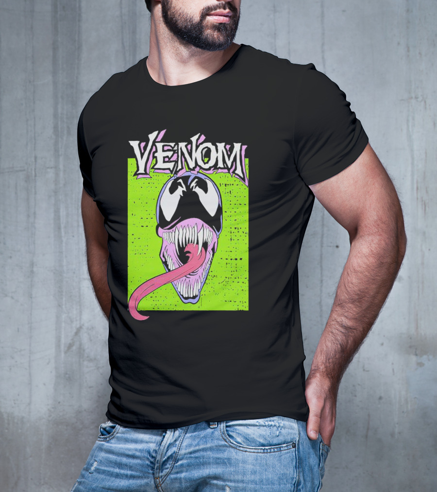 Venom Marvel Neon Pink Tongue Green Background T-Shirt