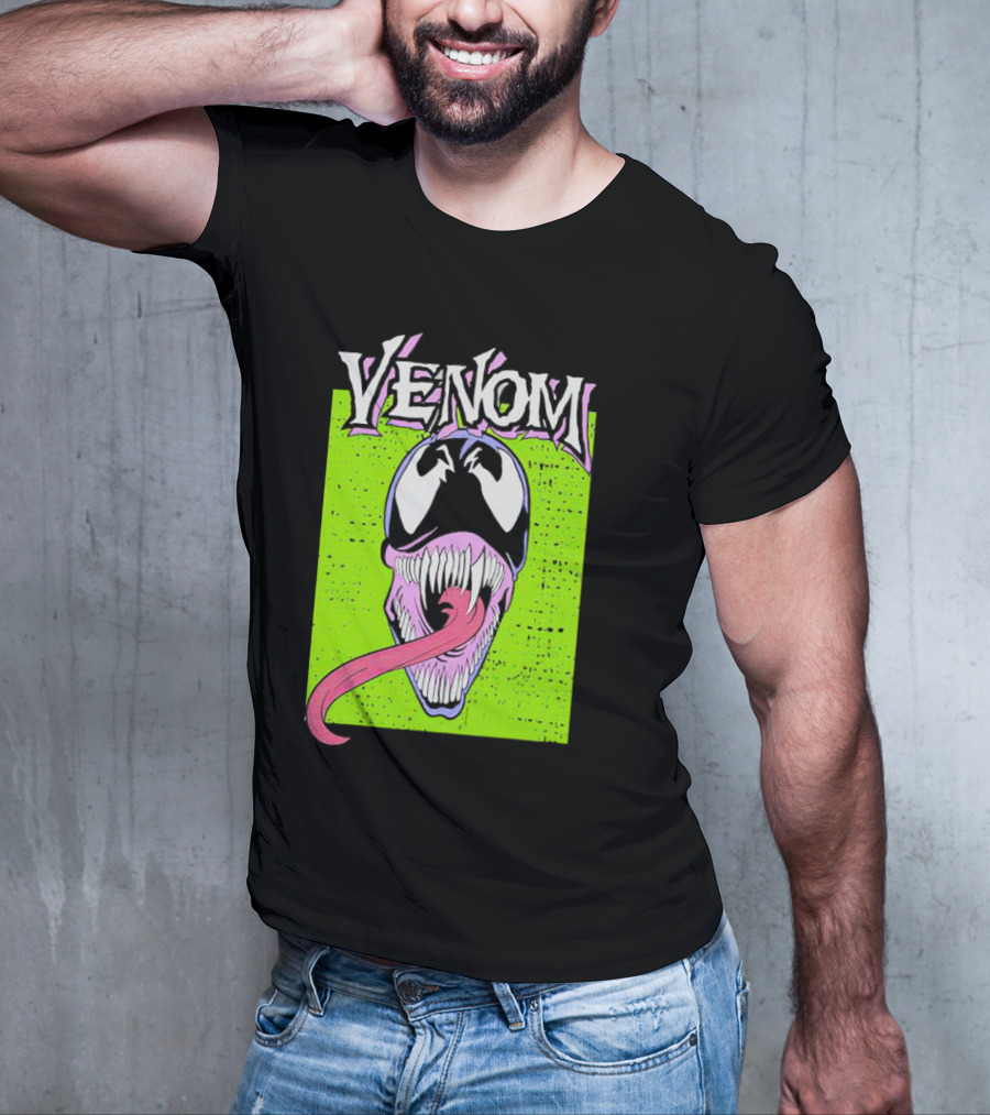 Venom Marvel Neon Pink Tongue Green Background T-Shirt