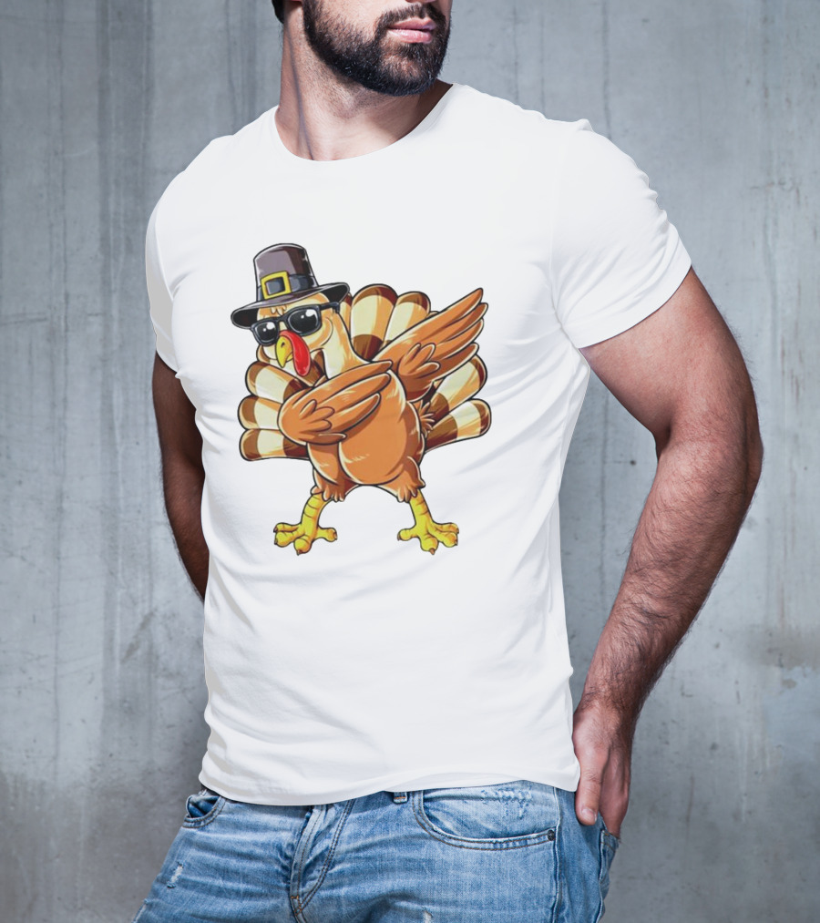 Thanksgiving Turkey Dabbing With Pilgrim Hat And Sunglasses T-Shirt