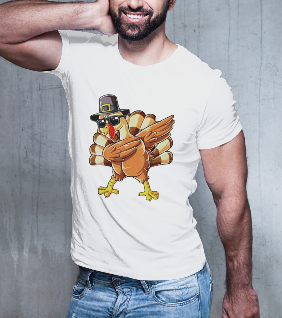 Thanksgiving Turkey Dabbing With Pilgrim Hat And Sunglasses T-Shirt