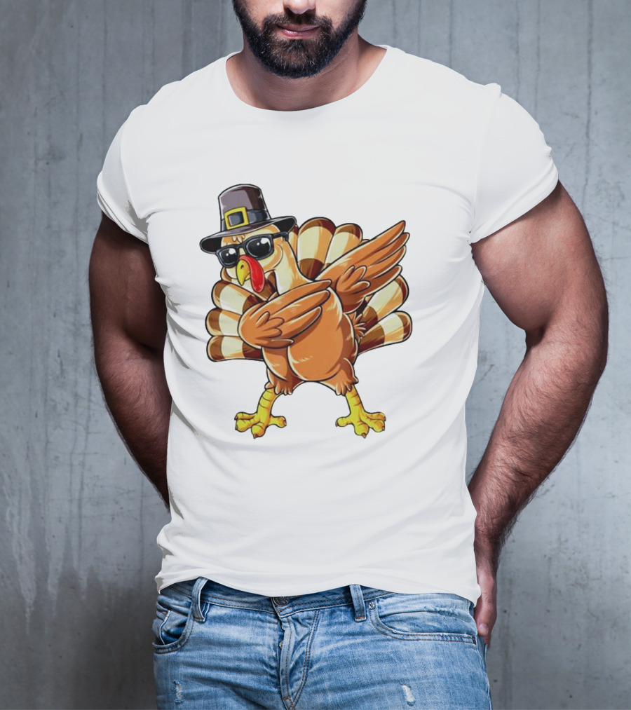 Thanksgiving Turkey Dabbing With Pilgrim Hat And Sunglasses T-Shirt