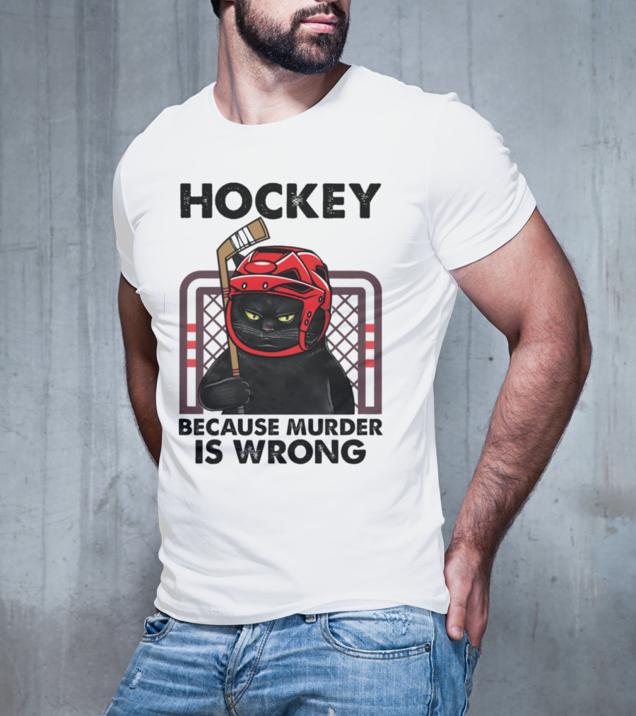 Hockey Cat In Red Helmet Because Murder Is Wrong T-Shirt