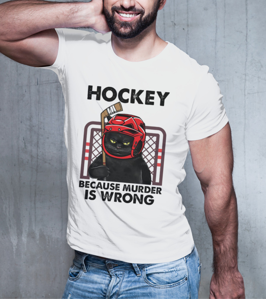 Hockey Cat In Red Helmet Because Murder Is Wrong T-Shirt