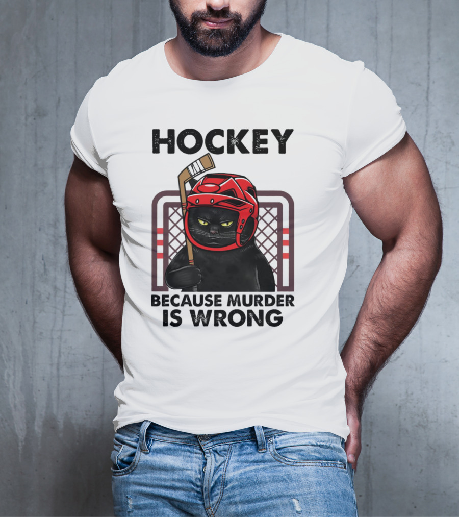 Hockey Cat In Red Helmet Because Murder Is Wrong T-Shirt