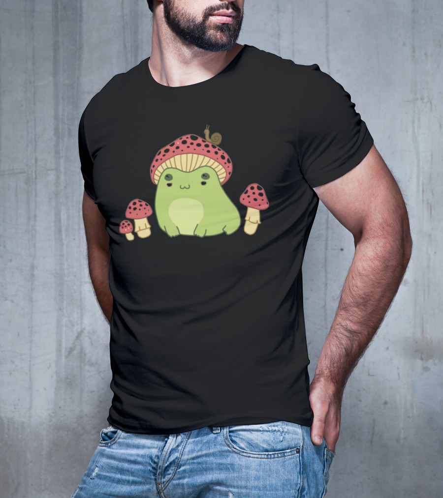Kawaii Frog Wearing Mushroom Hat With Snail And Red Mushrooms T-Shirt