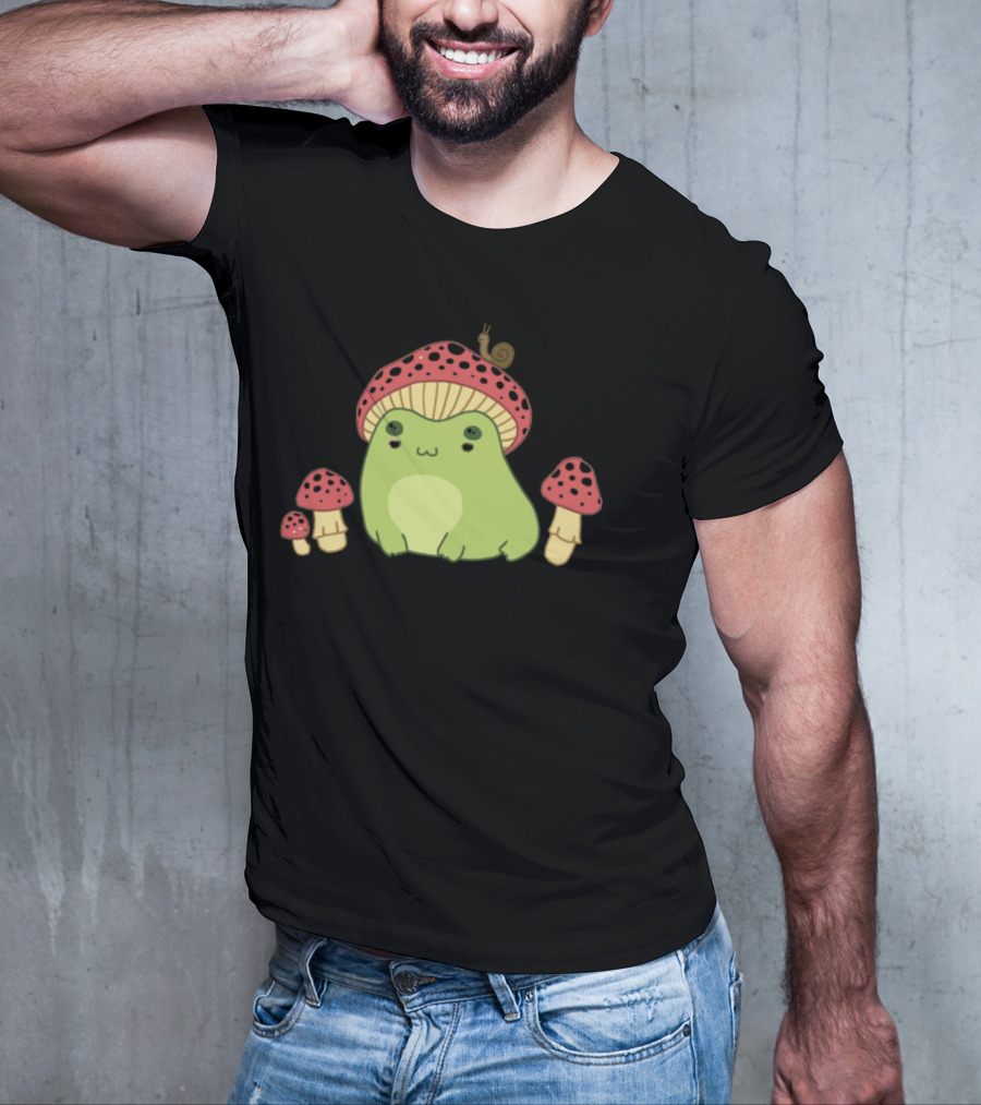 Kawaii Frog Wearing Mushroom Hat With Snail And Red Mushrooms T-Shirt
