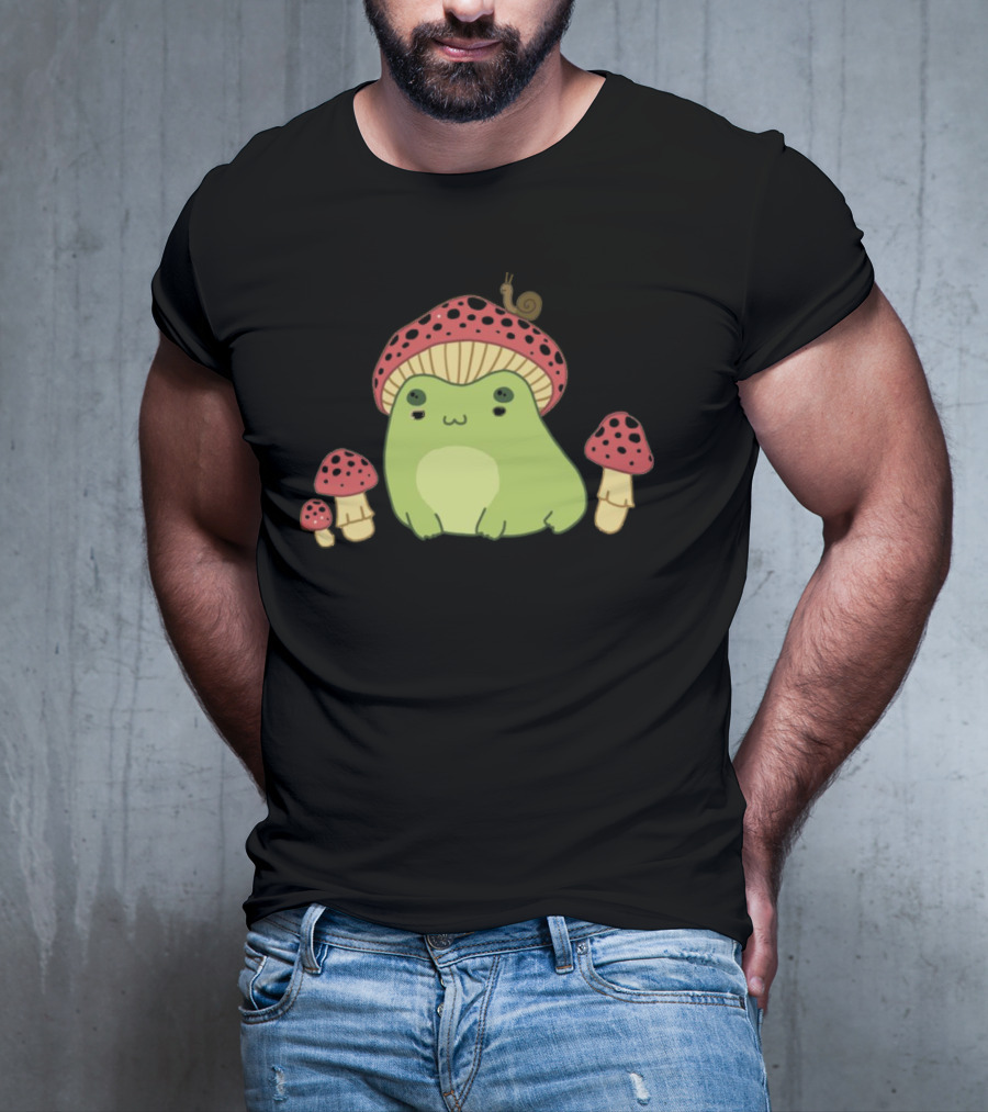 Kawaii Frog Wearing Mushroom Hat With Snail And Red Mushrooms T-Shirt