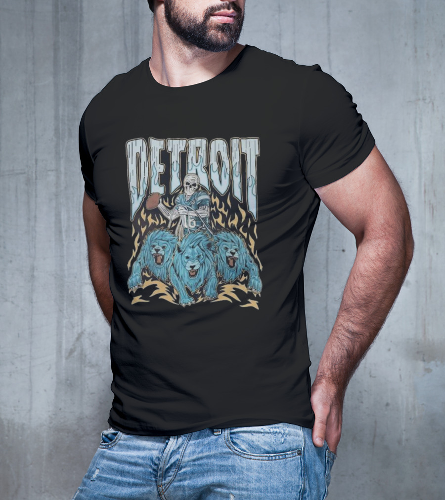 Detroit Skull Quarterback With Football And Blue Lions T-Shirt