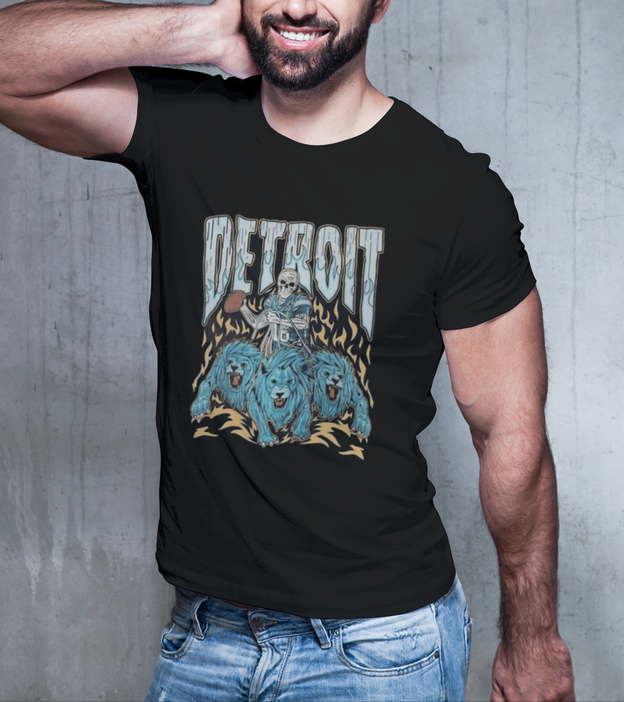 Detroit Skull Quarterback With Football And Blue Lions T-Shirt