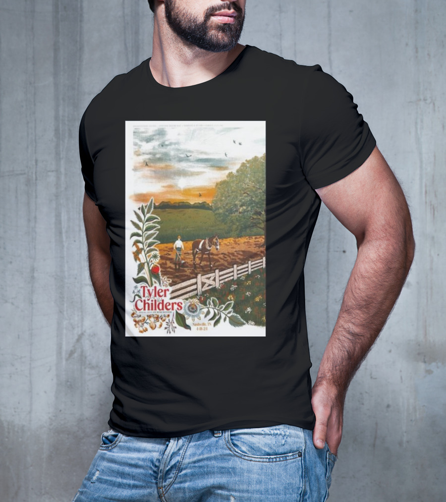 Tyler Childers Nashville TN 4 18 23 Horse Farm Scene With Flowers T-Shirt