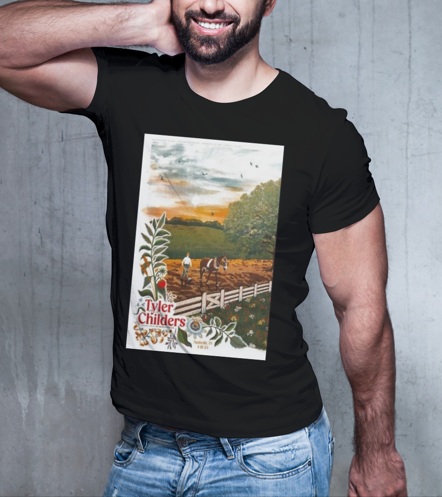 Tyler Childers Nashville TN 4 18 23 Horse Farm Scene With Flowers T-Shirt