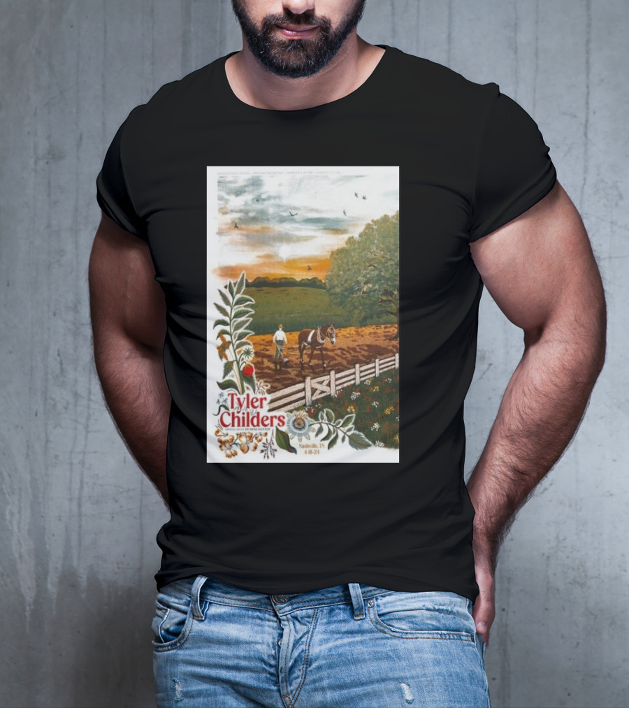 Tyler Childers Nashville TN 4 18 23 Horse Farm Scene With Flowers T-Shirt