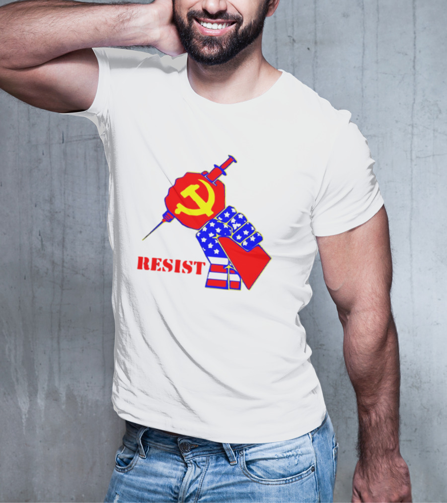 RESIST Communist Hammer And Sickle American Flag Fist Syringe T-Shirt