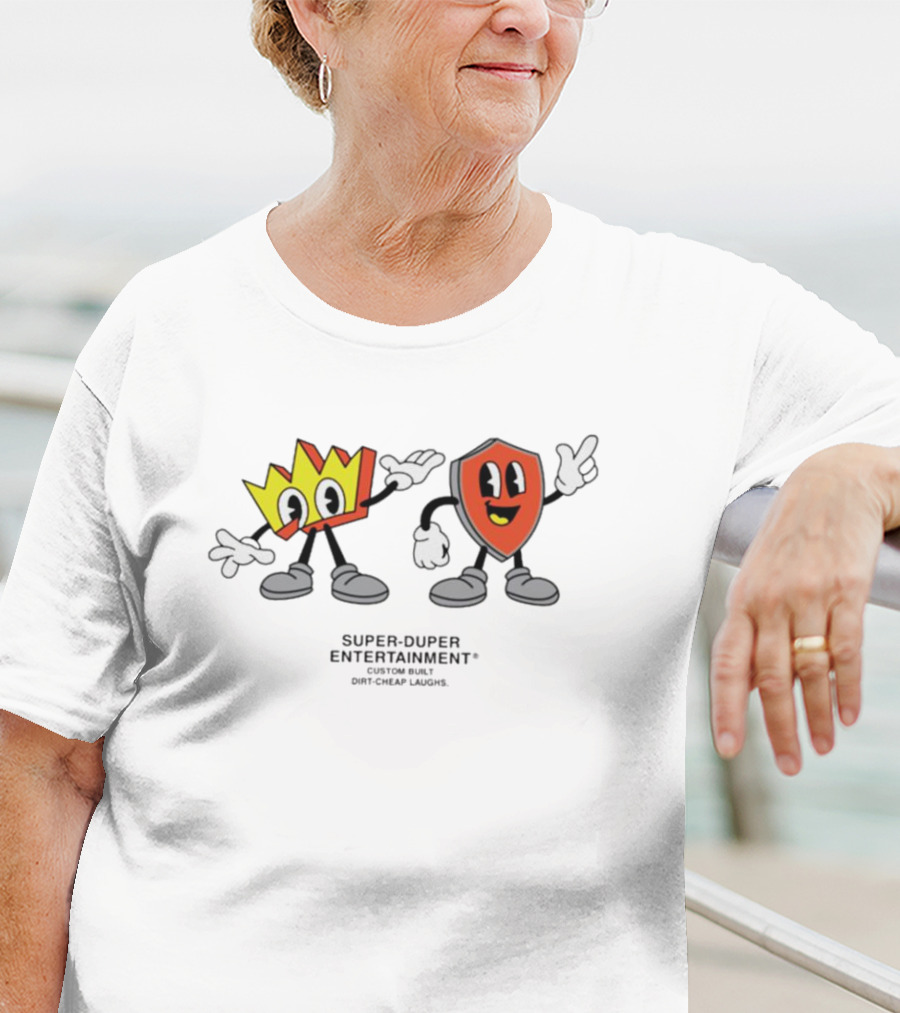 Super-Duper Entertainment Fun Cartoon Characters Crown And Shield T-Shirt