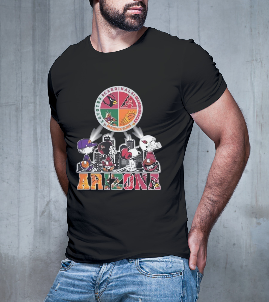 Snoopy Arizona Coyotes Cardinals Diamondbacks Phoenix Suns Peanuts Characters City Skyline T-Shirt
