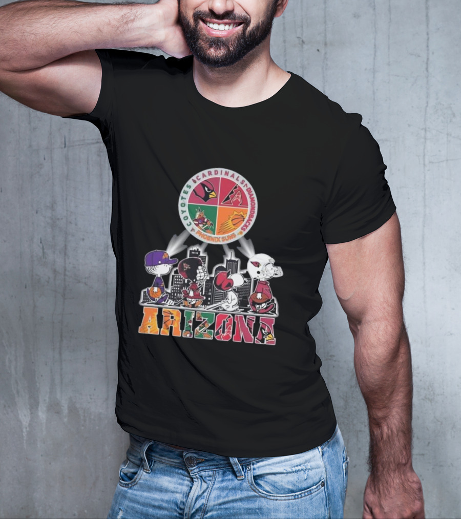 Snoopy Arizona Coyotes Cardinals Diamondbacks Phoenix Suns Peanuts Characters City Skyline T-Shirt