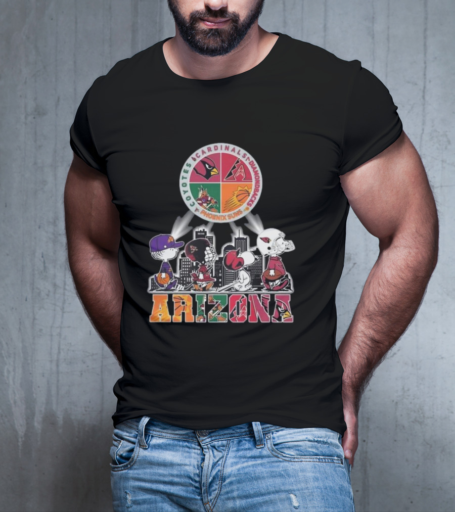 Snoopy Arizona Coyotes Cardinals Diamondbacks Phoenix Suns Peanuts Characters City Skyline T-Shirt