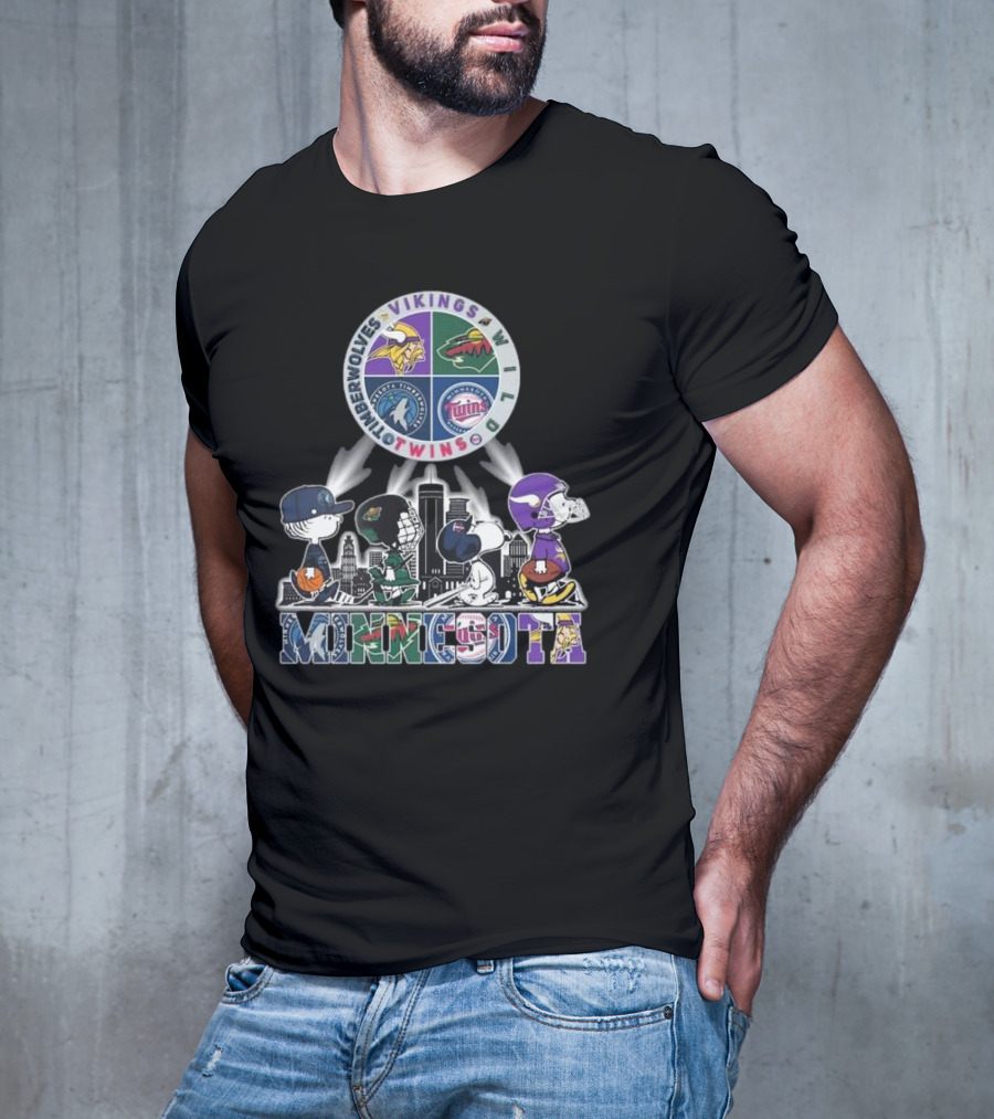 Snoopy Minnesota Vikings Timberwolves Wild Twins Cityscape T-Shirt