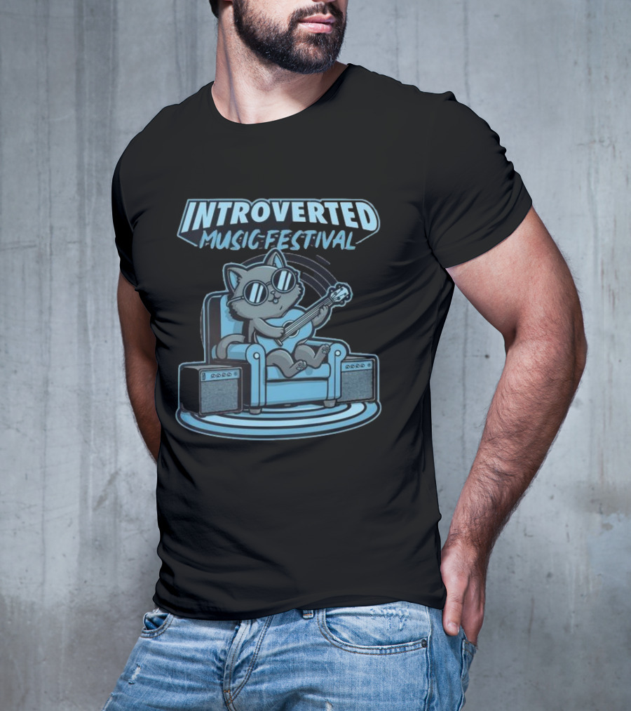 Introverted Music Festival Cat Playing Guitar On Couch With Amplifier T-Shirt