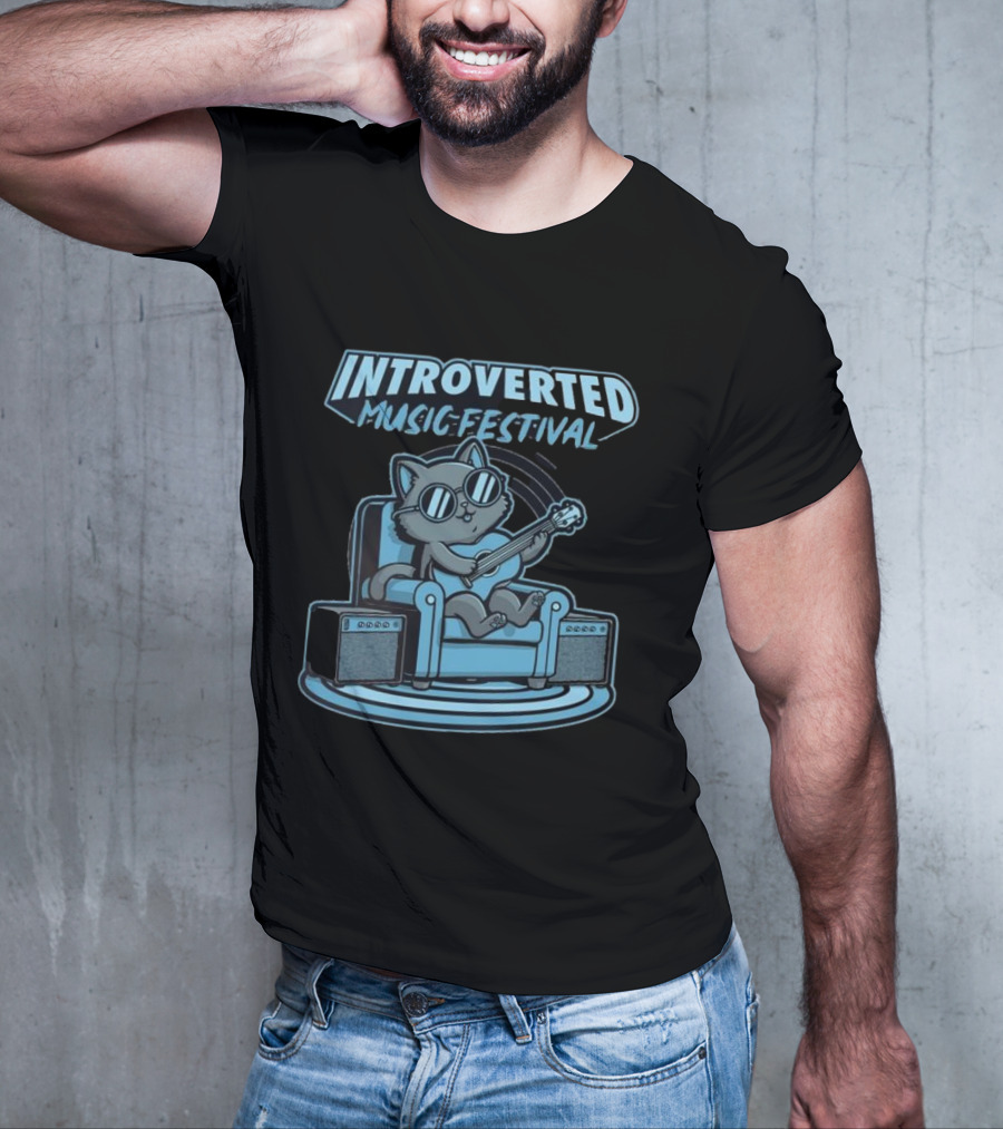 Introverted Music Festival Cat Playing Guitar On Couch With Amplifier T-Shirt