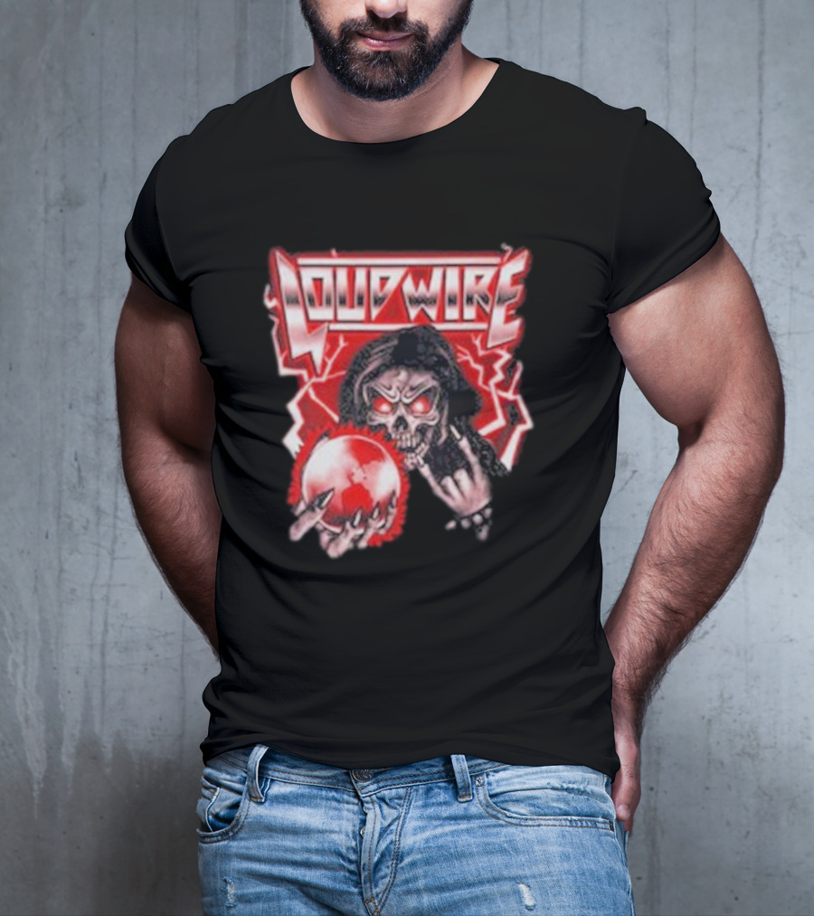 Loudwire 80s Metal Skull And Lightning Sphere Rock Hand T-Shirt