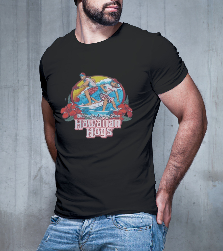 Wehiwa Aloy Nolan Souza Hawaiian Hogs Surfing With Hibiscus Flowers T-Shirt