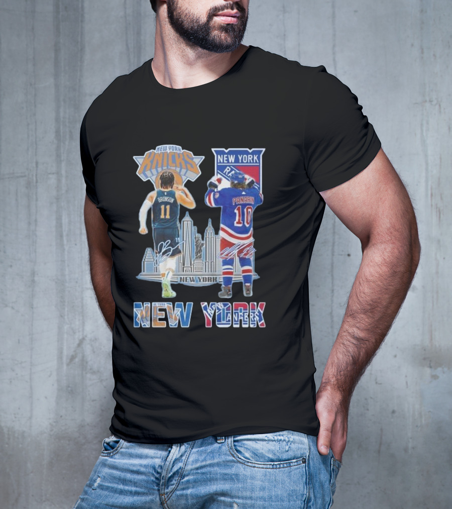 New York Knicks Brunson Rangers Panarin New York City Skyline Signatures T-Shirt