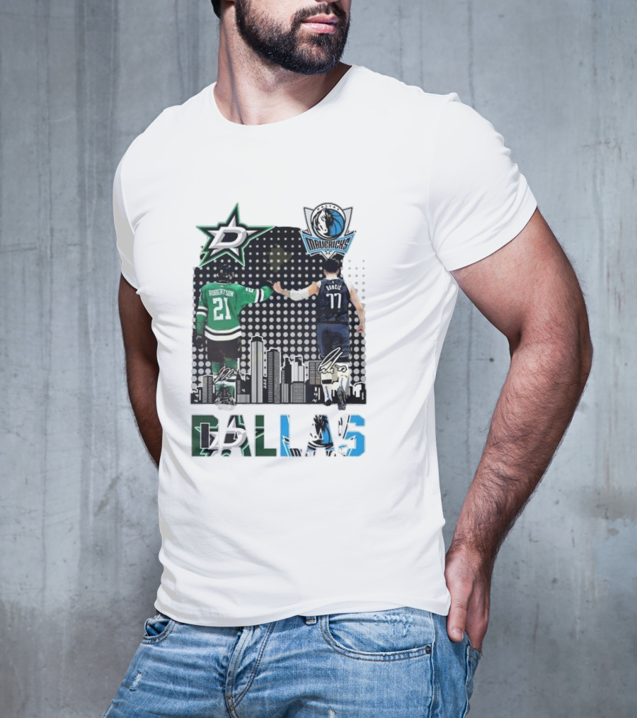 Dallas Stars Mavericks Robertson Doncic Skyline Signatures T-Shirt