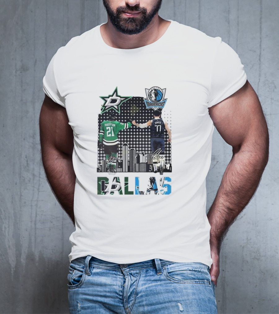 Dallas Stars Mavericks Robertson Doncic Skyline Signatures T-Shirt