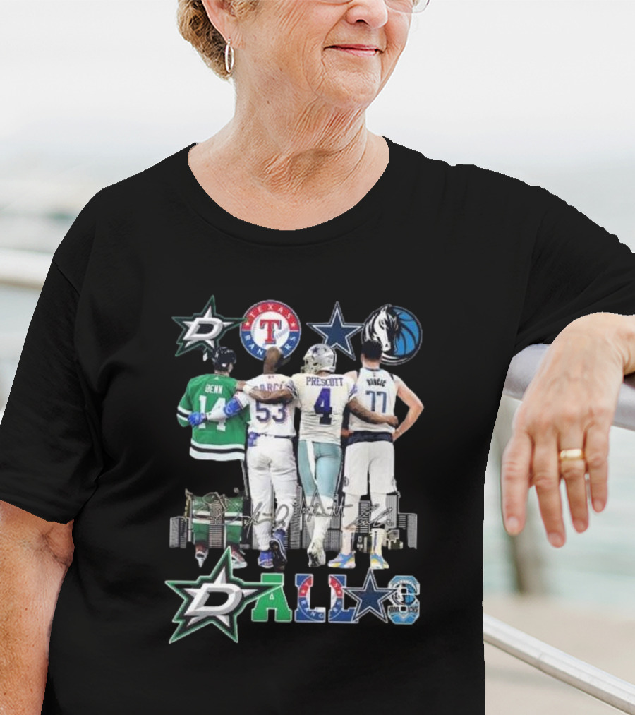 Dallas Stars Texas Rangers Cowboys Mavericks Benn Prescott Ware Doncic Signatures T-Shirt