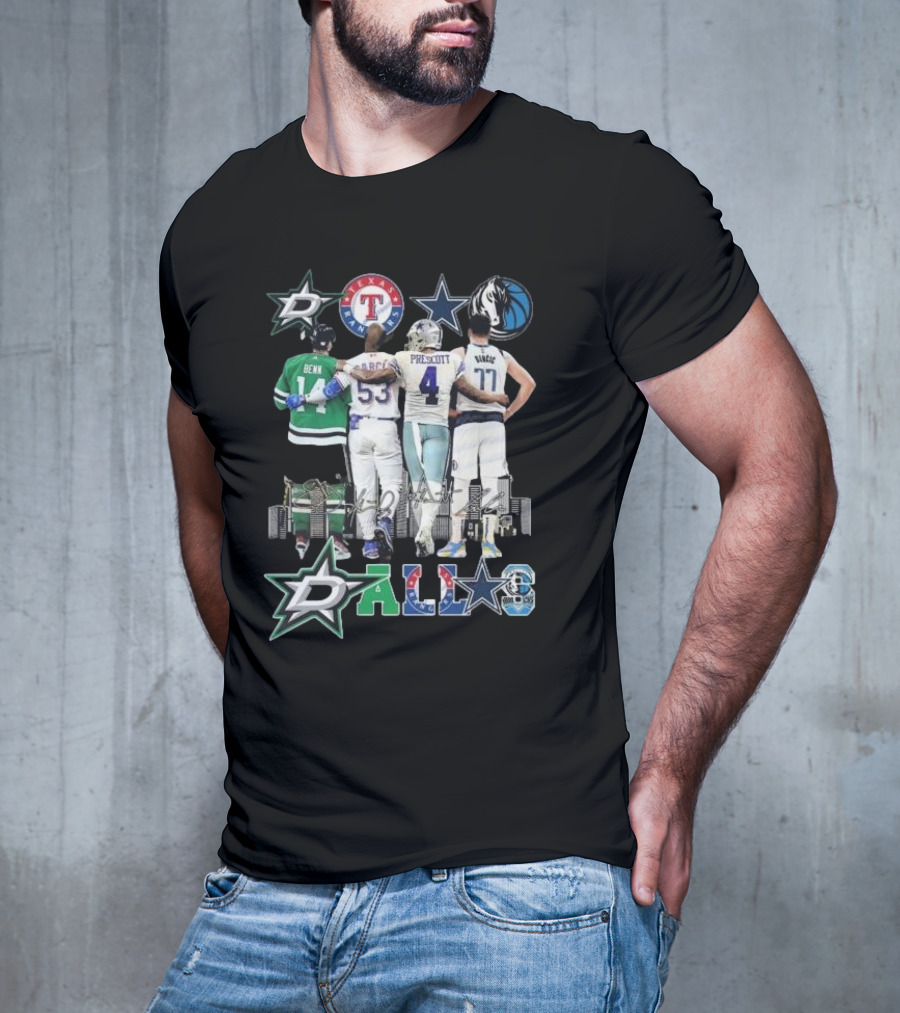 Dallas Stars Texas Rangers Cowboys Mavericks Benn Prescott Ware Doncic Signatures T-Shirt