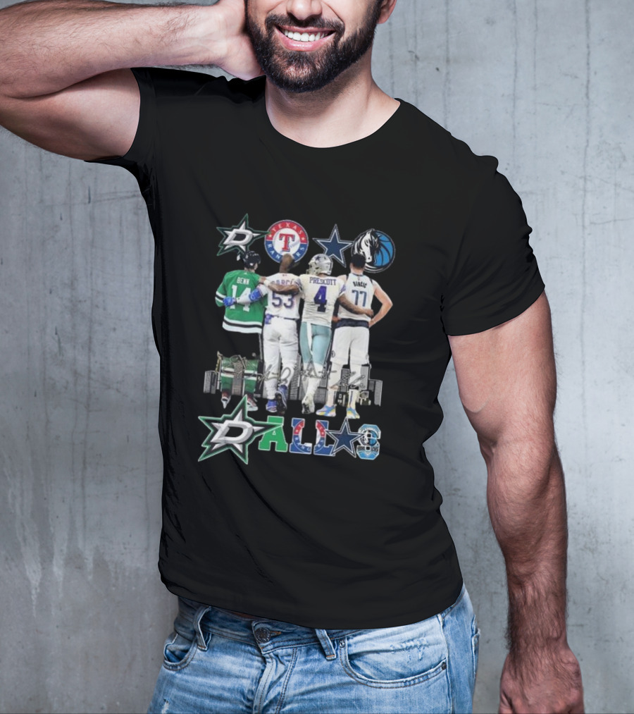 Dallas Stars Texas Rangers Cowboys Mavericks Benn Prescott Ware Doncic Signatures T-Shirt