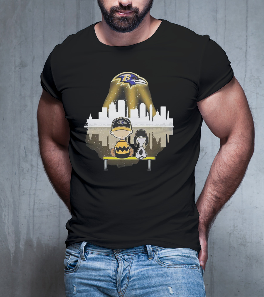 Charlie Brown Snoopy Baltimore Ravens City Skyline T-Shirt