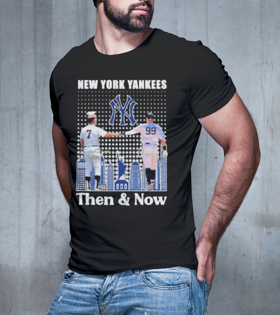 New York Yankees Then And Now Mickey Mantle 7 Aaron Judge 99 Signatures T-Shirt