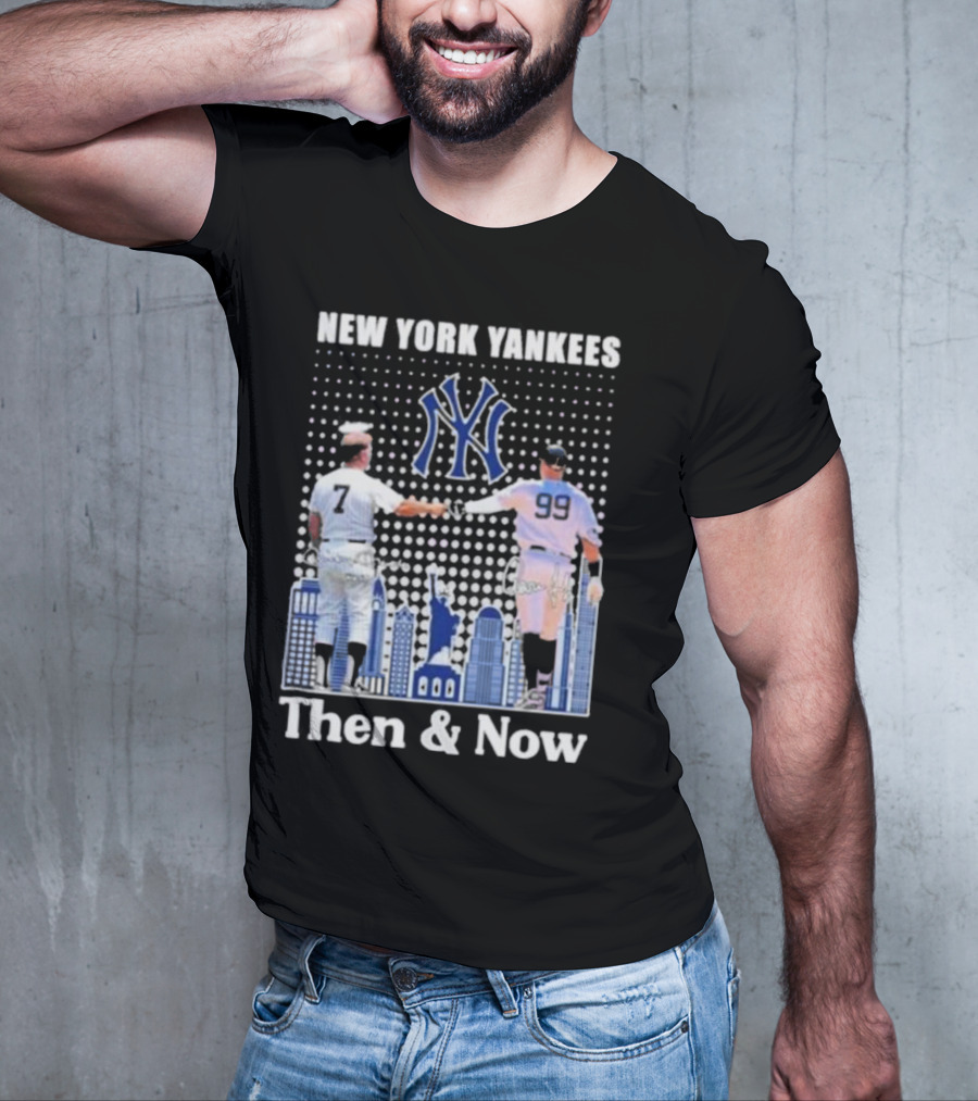 New York Yankees Then And Now Mickey Mantle 7 Aaron Judge 99 Signatures T-Shirt