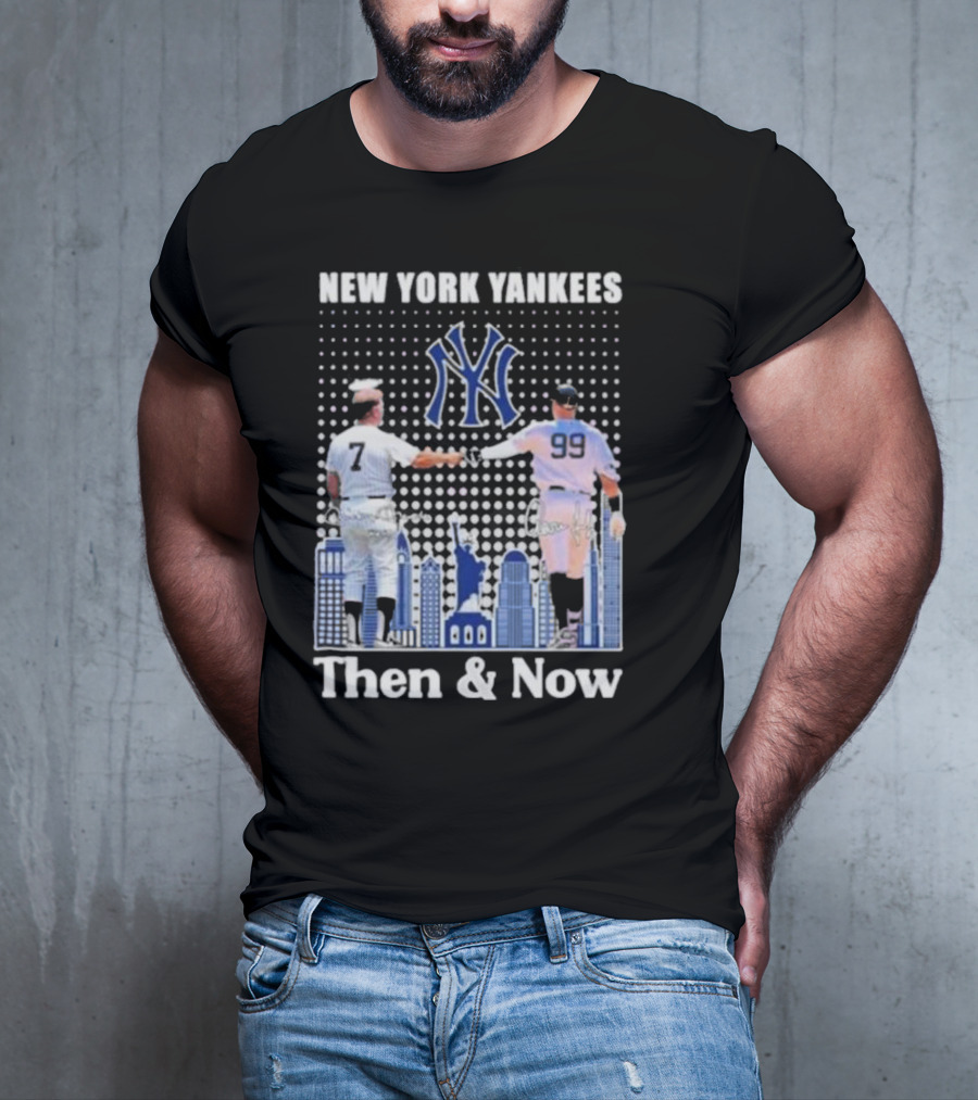 New York Yankees Then And Now Mickey Mantle 7 Aaron Judge 99 Signatures T-Shirt